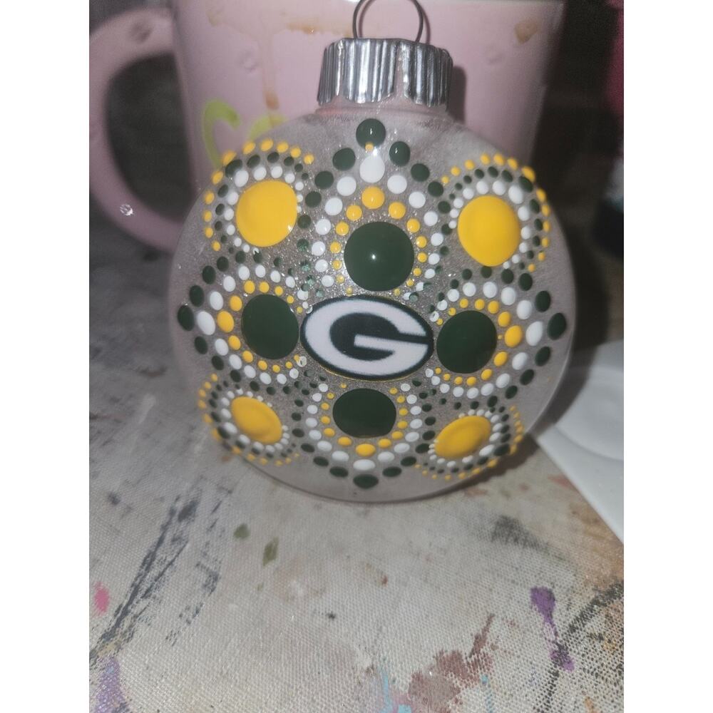 Green Bay Packers Hand-Painted Ornament | Dot Mandala Baseball Christmas Decor - Picture 2 of 2